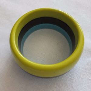 Vintage 3-tone Stripe Lime Brown Turquoise Domed Thick Bangle Bracelet Groovy